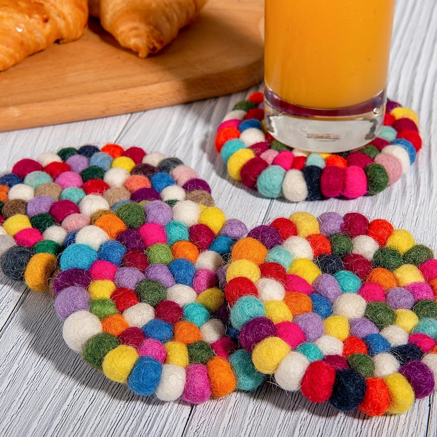 Eiyye Felt Coasters 4-Pack Round Pads Handmade 100% Wool Colorful Coasters for Wooden Tables,Boho Desk & Room Decor,Non-Slip Coaster Pads