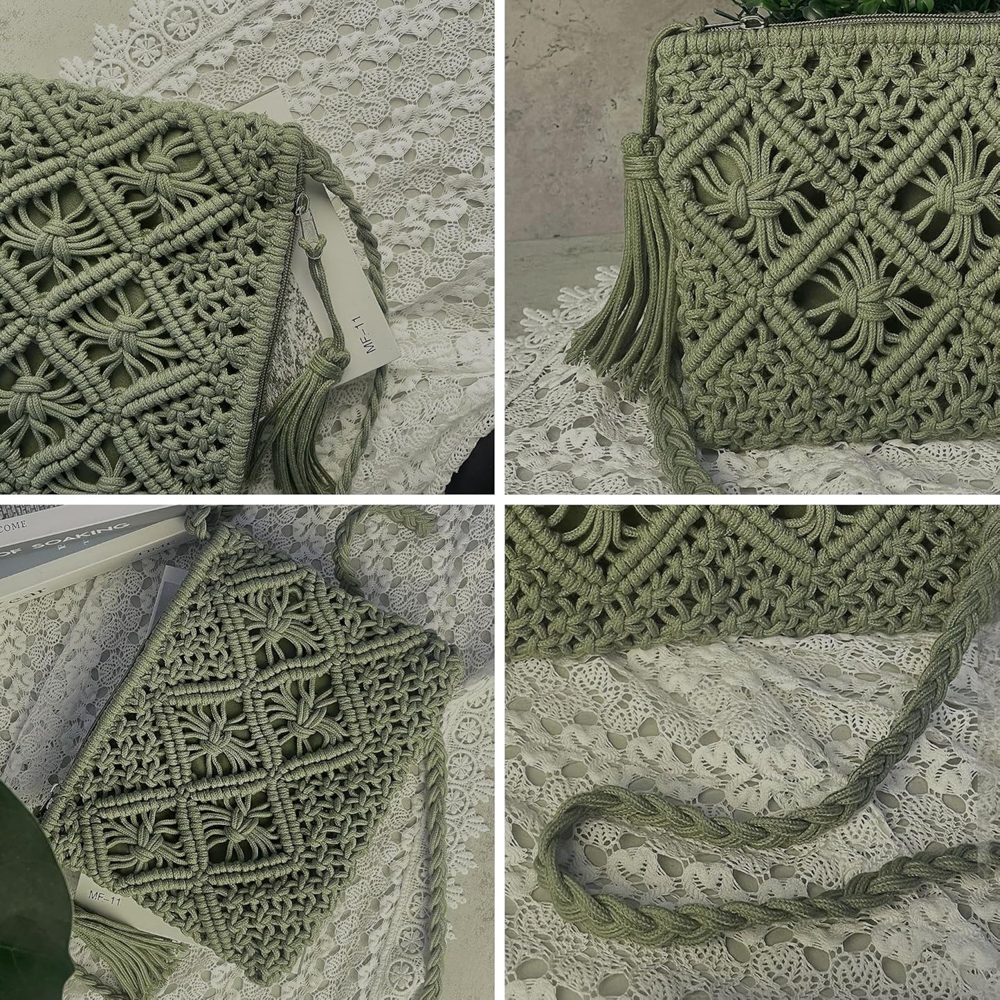 Eiyye Handmade Crochet Crossbody Bag – Cotton Rope Boho Purse with Zipper (10" × 8")