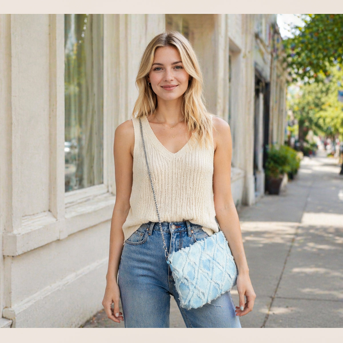 Adjustable denim crossbody purse with metal chain strap
