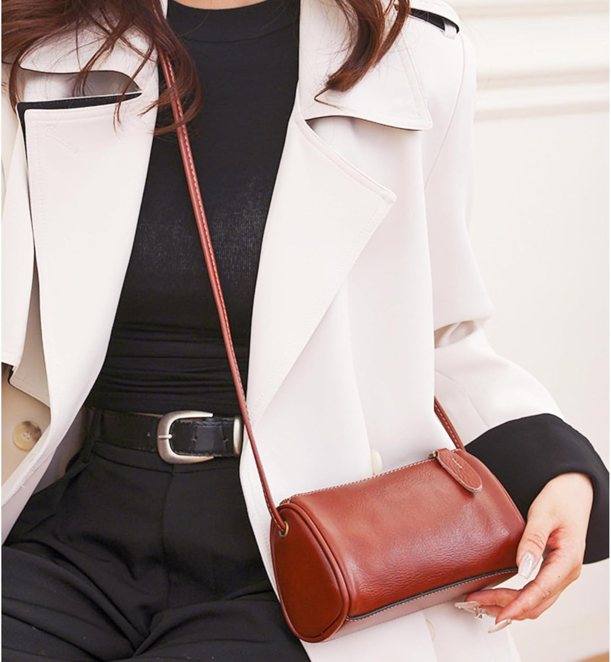 Leather Crossbody Bag worn crossbody with a polished silhouette and relaxed elegance for outings and casual looks
