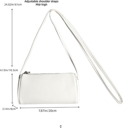 White Leather Crossbody Bag measurement view highlighting its compact barrel purse shape with a 7.87 × 3.14 × 4.13 inch size
