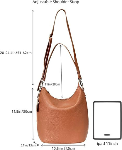 Eiyye Brown Genuine Leather Bucket Tote Bag Displaying Full Measurements with Spacious iPad Storage