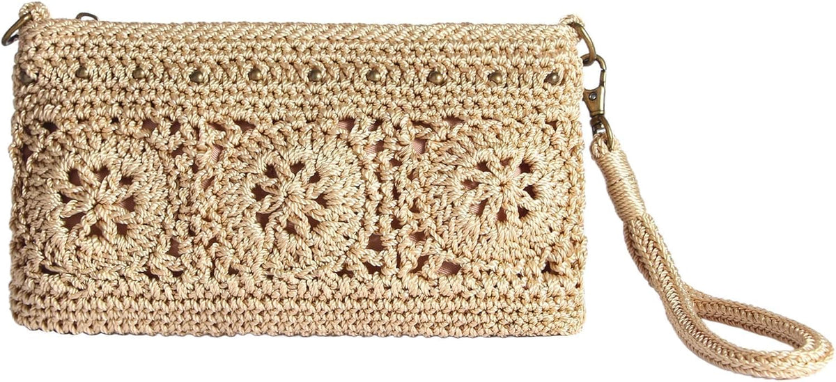 Beige Crochet Wristlet Wallet with a compact handmade design and detachable strap