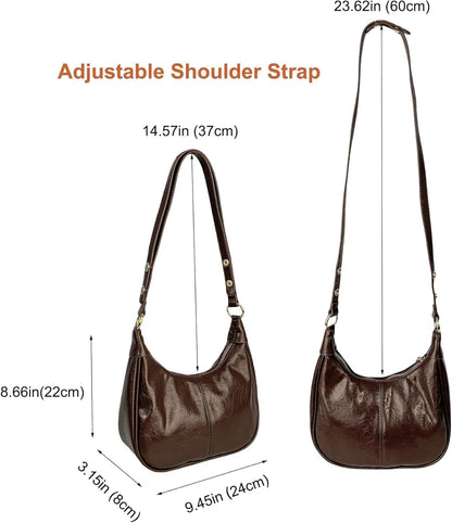 Eiyye Coffee Waxed Leather Crescent Crossbody Bag Displaying Full Dimensions and Maximum Adjustable Strap Length