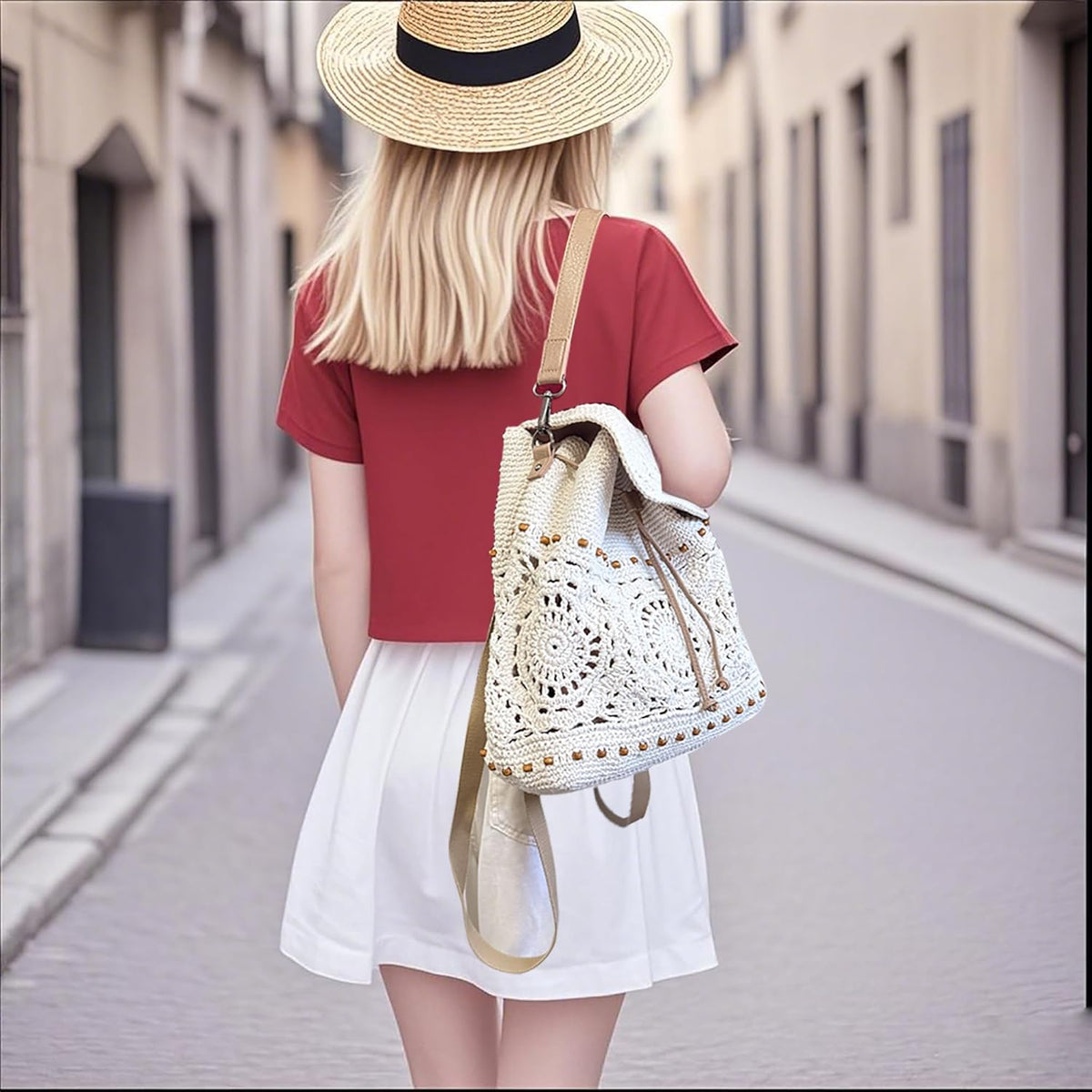 Crochet Backpack worn for a casual street look with a unique handmade design