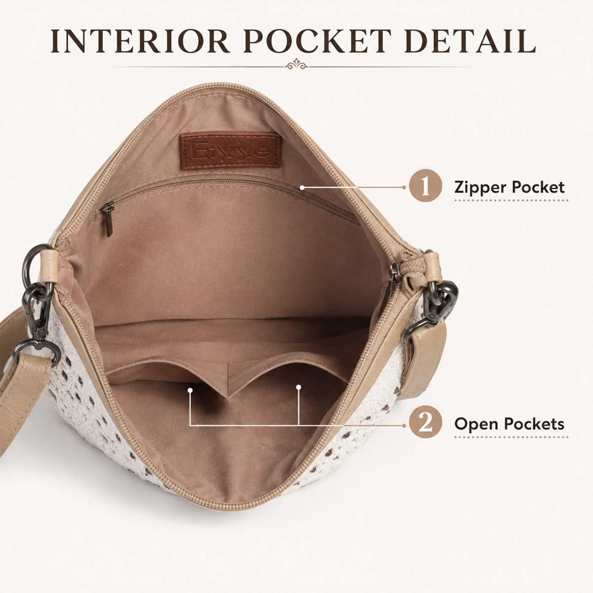 Off White Cotton Crochet Shoulder Bag with inner lining and storage pockets including a zipper compartment