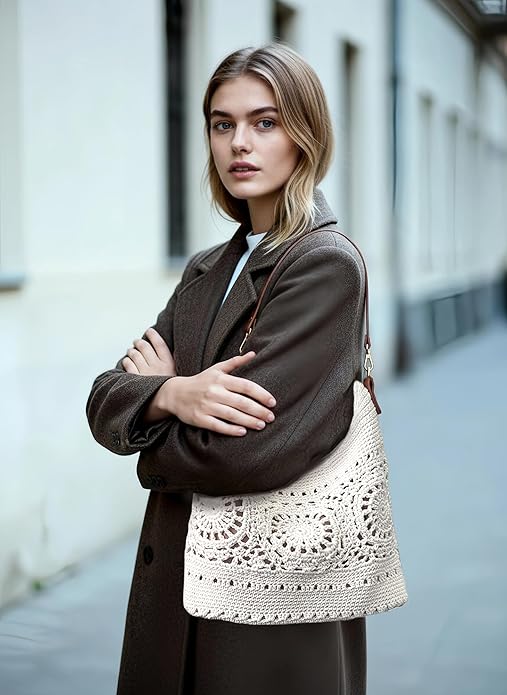 Eiyye Crochet Hobo Bag styled on the street, showing its relaxed silhouette and everyday shoulder carry look
