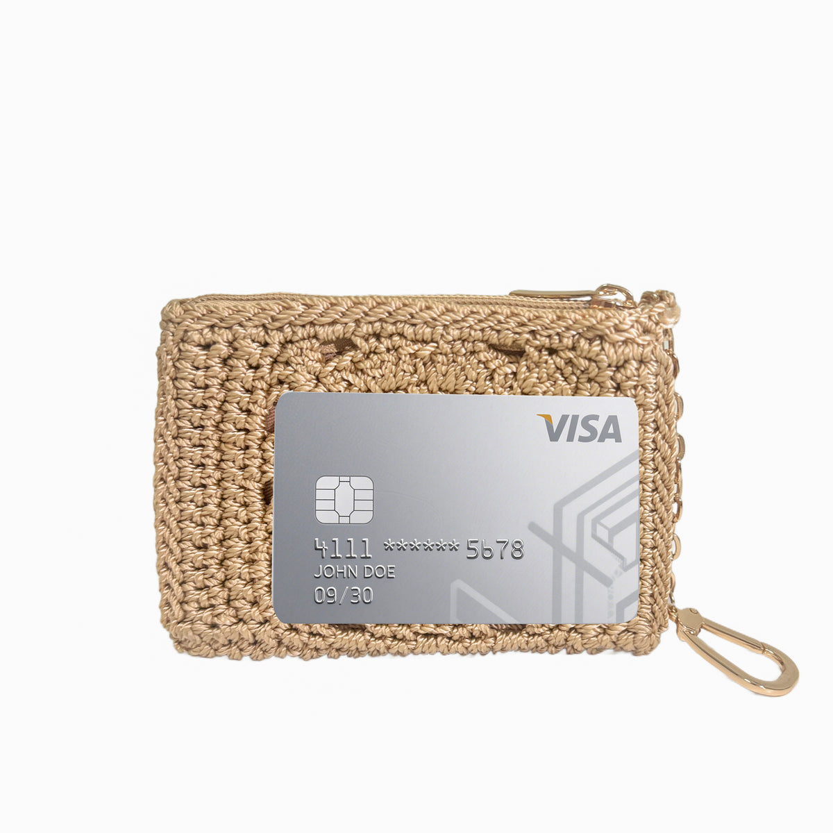 Eiyye Crochet Card Holder Wallet size comparison with a standard card