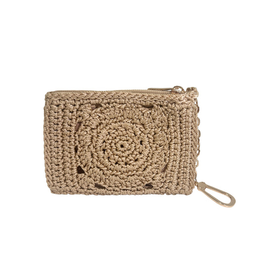 Eiyye Crochet Card Holder Wallet featuring a handmade rayon yarn design, secure zipper closure, and compact storage for cards, coins, and IDs