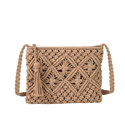 Eiyye Light Brown Crochet Crossbody Bag with a soft woven texture and relaxed boho-inspired design