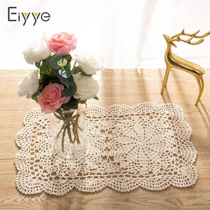 Eiyye Beige Cotton Crochet Doilies with Handmade Lace Pattern for Elegant Table Decor