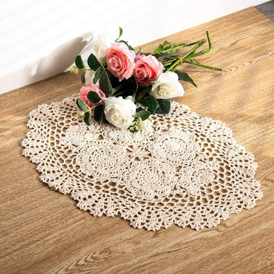 Eiyye Beige Cotton Crochet Doilies with Handmade Lace Design for Elegant Table Decoration