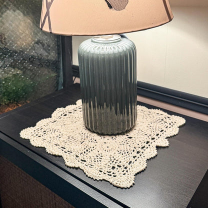 Eiyye Beige Crochet Placemat Under Lamp on Table for Elegant Home Decoration