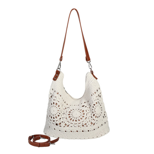 Eiyye Off White Crochet Hobo Bag with a relaxed shape, spacious design, and versatile shoulder style