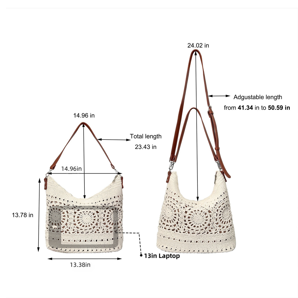 Eiyye Off White Crochet Hobo Bag measurement chart with detailed dimensions for the bag body and shoulder strap