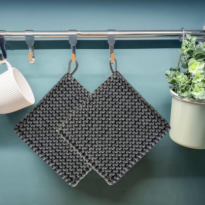 Eiyye Dark Grey Thick Crochet Pot Holders Displayed on Wall Hook with Handmade Woven Texture