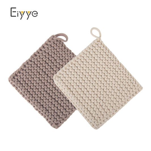 Eiyye White and Taupe Cotton Crochet Pot Holders with Thick Woven Texture for Kitchen Heat Protection