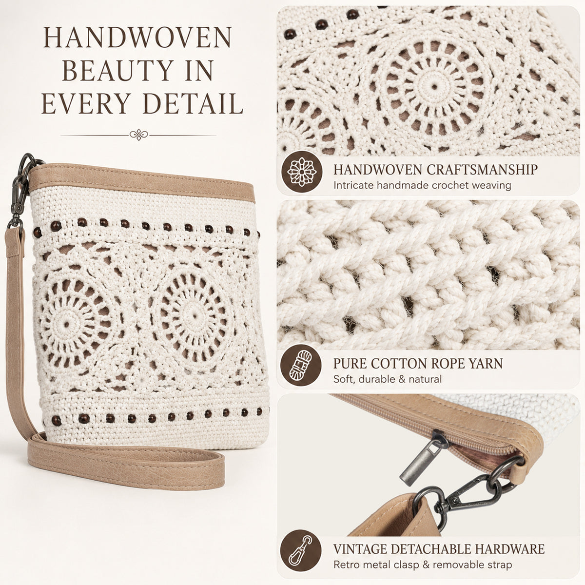 Off White Cotton Crochet Shoulder Bag with close-up details of the woven pattern and strap connector