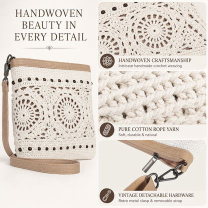 Off White Cotton Crochet Shoulder Bag with close-up details of the woven pattern and strap connector