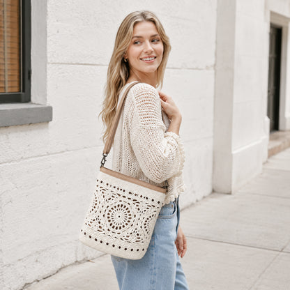 Off White Crochet Shoulder Bag styled with knitwear and outerwear for a casual boho everyday look