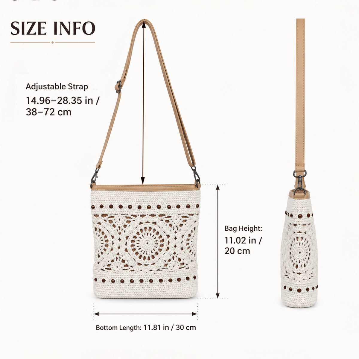 Off White Cotton Crochet Shoulder Bag showing overall size details and dimensions for an accurate fit reference