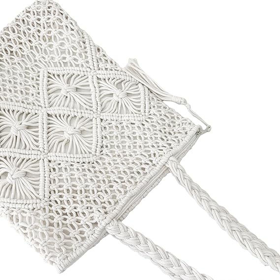 Natural Cotton Rope Crochet Shoulder Bag with a top view highlighting the woven strap and tassel decoration