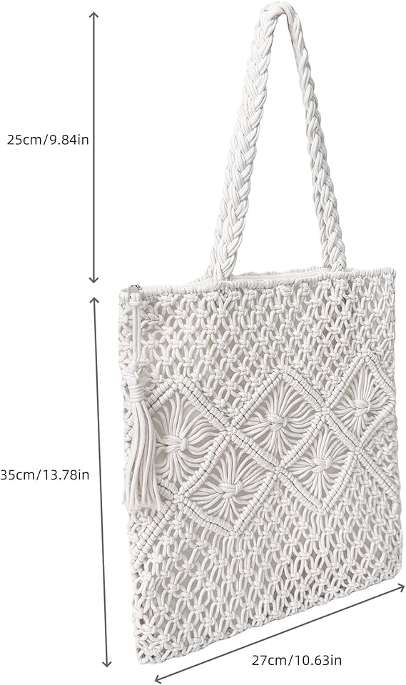 Cotton Rope Crochet Shoulder Bag with a measurement guide highlighting the overall size and shape