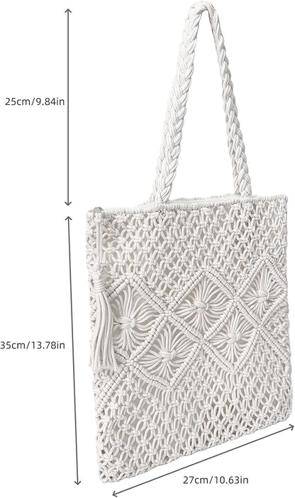 Cotton Rope Crochet Shoulder Bag with a measurement guide highlighting the overall size and shape