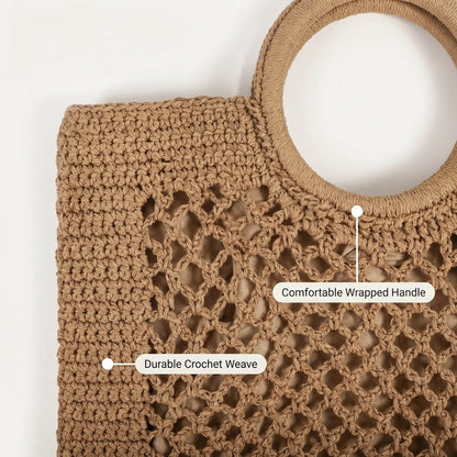 Eiyye Crochet Tote Bag Close-Up Featuring Soft Wrapped Handle and Textured Crochet Wave Design