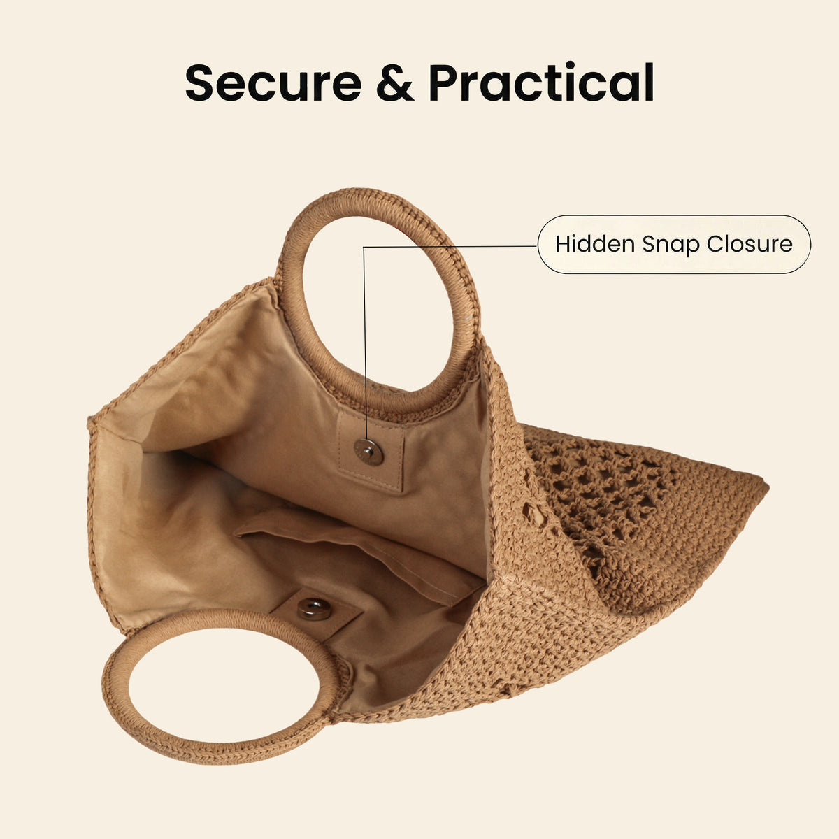 Eiyye Crochet Tote Bag Open Interior Featuring Clean Lining Space and Detailed Crochet Weave Design