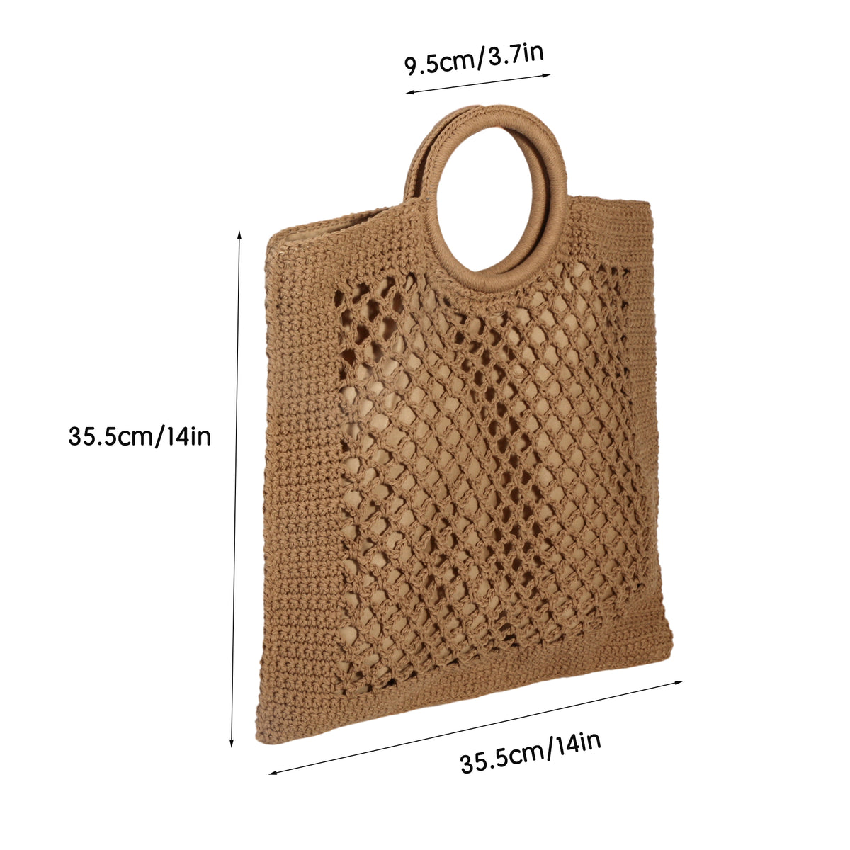 Eiyye Crochet Tote Bag Dimension Chart Displaying Bag Measurements and Overall Size Details