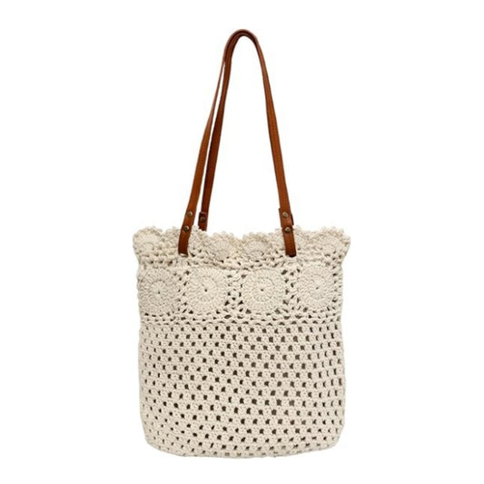 Eiyye Handwoven Crochet Tote Bag in off-white with cotton rope texture and linen lining, a lightweight summer shoulder purse for women