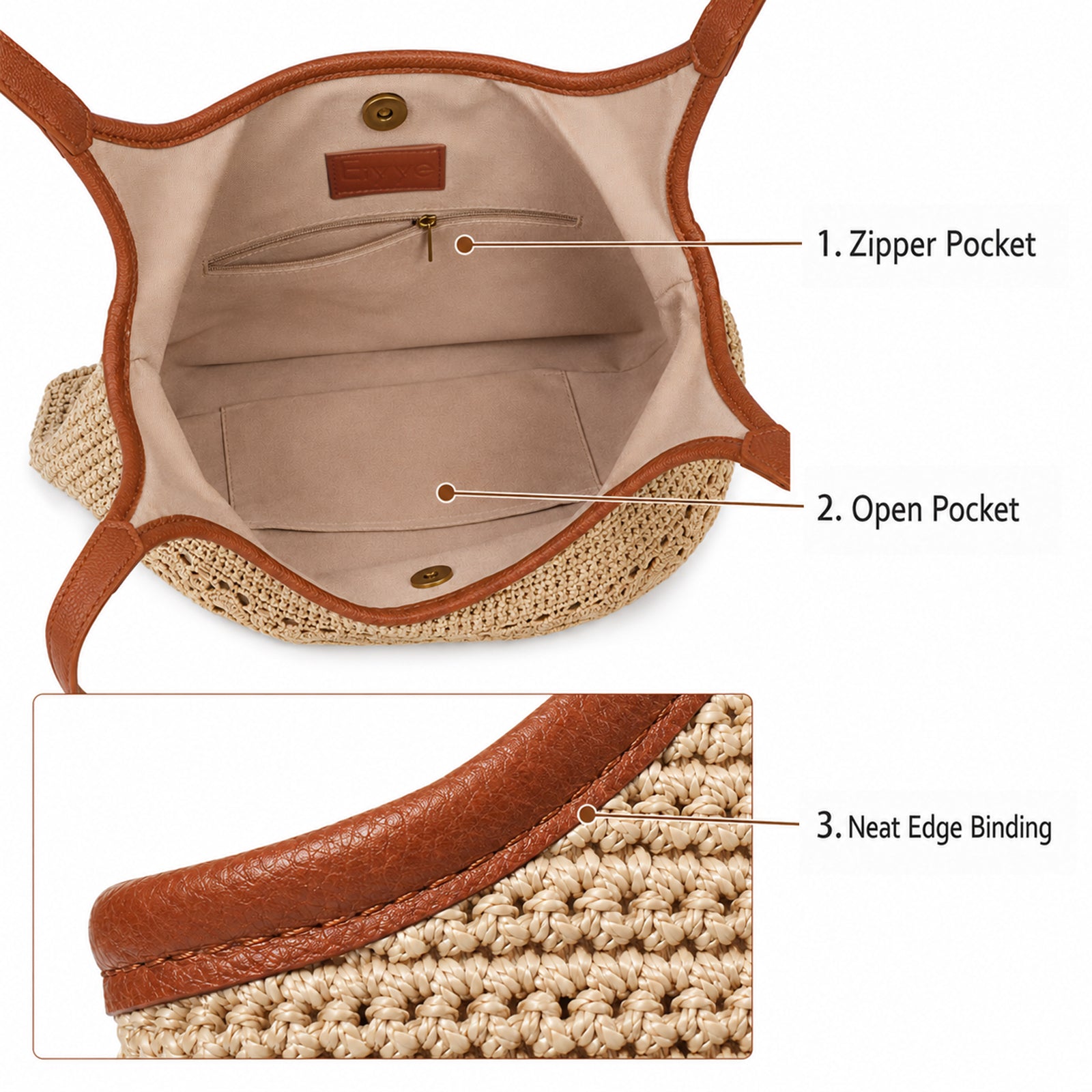 Crochet Tote Bag Close-Up Featuring Interior Storage Pockets and Clean Finished Edge Binding