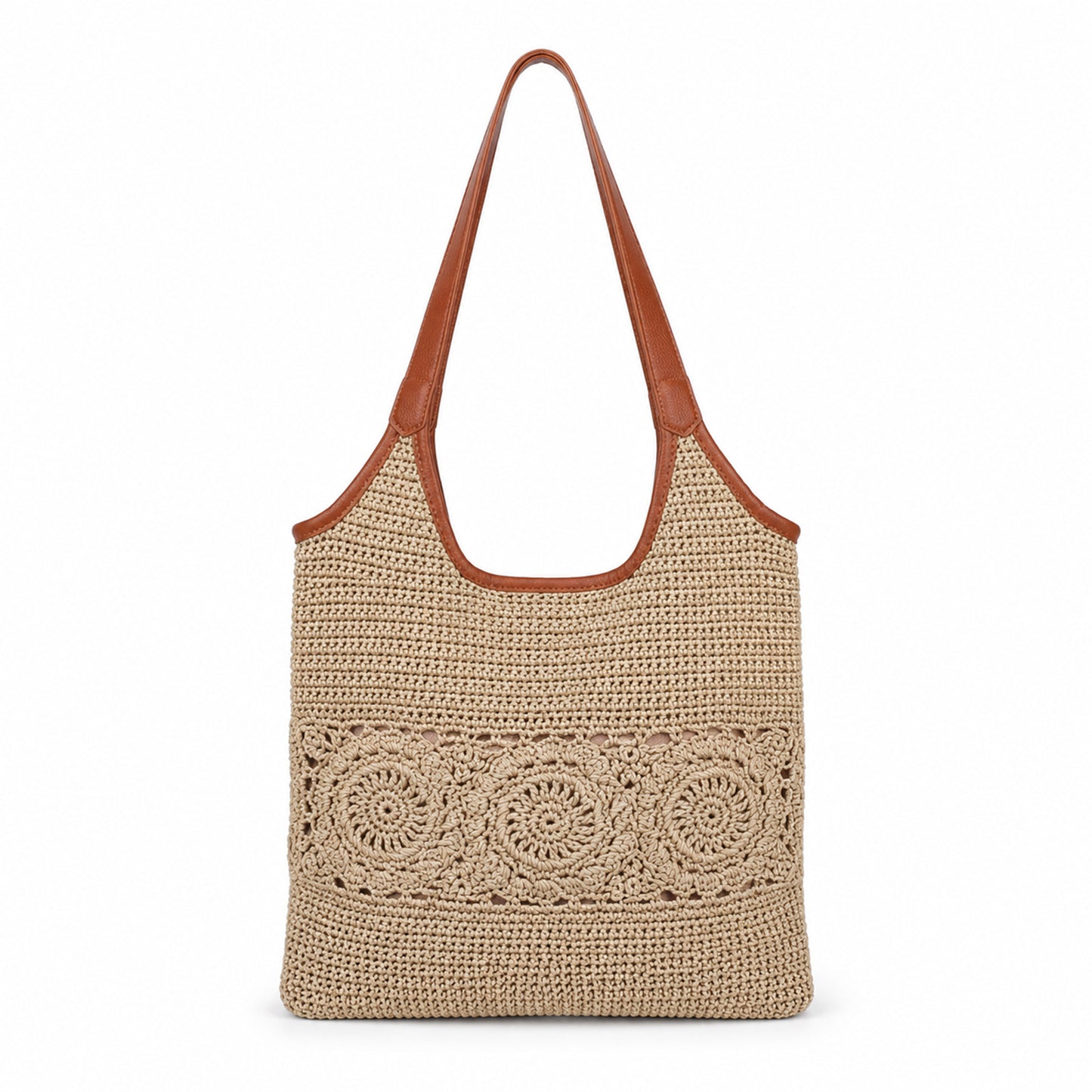 Eiyye Crochet Tote Bag with Leather Shoulder Strap and Boho Style Woven Texture for Beach, Vacation, and Daily Use