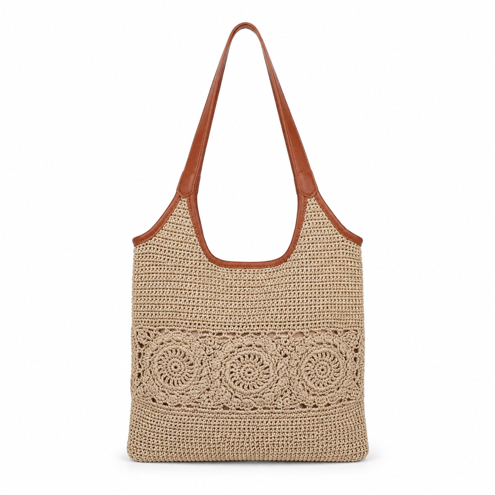 Eiyye Crochet Tote Bag with Leather Shoulder Strap and Boho Style Woven Texture for Beach, Vacation, and Daily Use