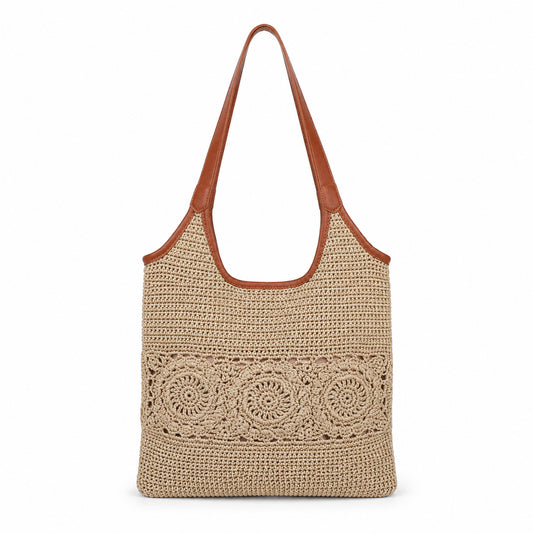 Eiyye Crochet Tote Bag with Leather Shoulder Strap and Boho Style Woven Texture for Beach, Vacation, and Daily Use