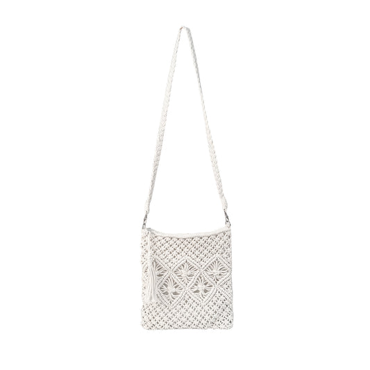 Eiyye White Crochet Crossbody Bag with handmade woven texture and tassel accent for casual everyday style