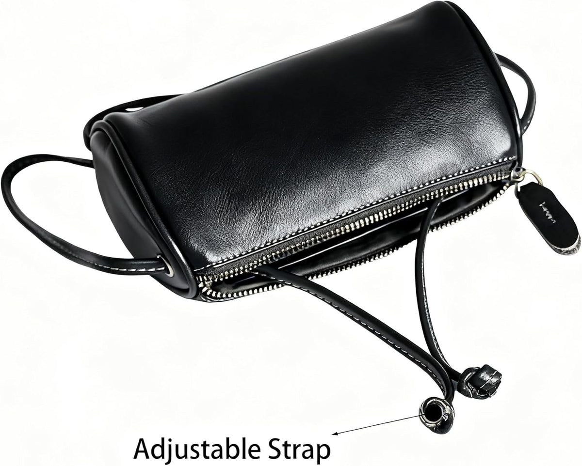 Black Leather Crossbody Bag with adjustable strap and sleek barrel silhouette for versatile everyday styling