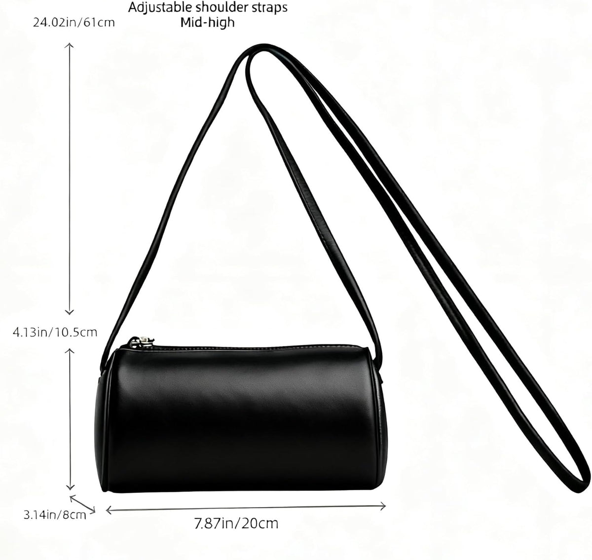 Black Leather Crossbody Bag measurement view highlighting its compact barrel shape and 7.87 × 3.14 × 4.13 inch size