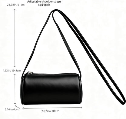 Black Leather Crossbody Bag measurement view highlighting its compact barrel shape and 7.87 × 3.14 × 4.13 inch size