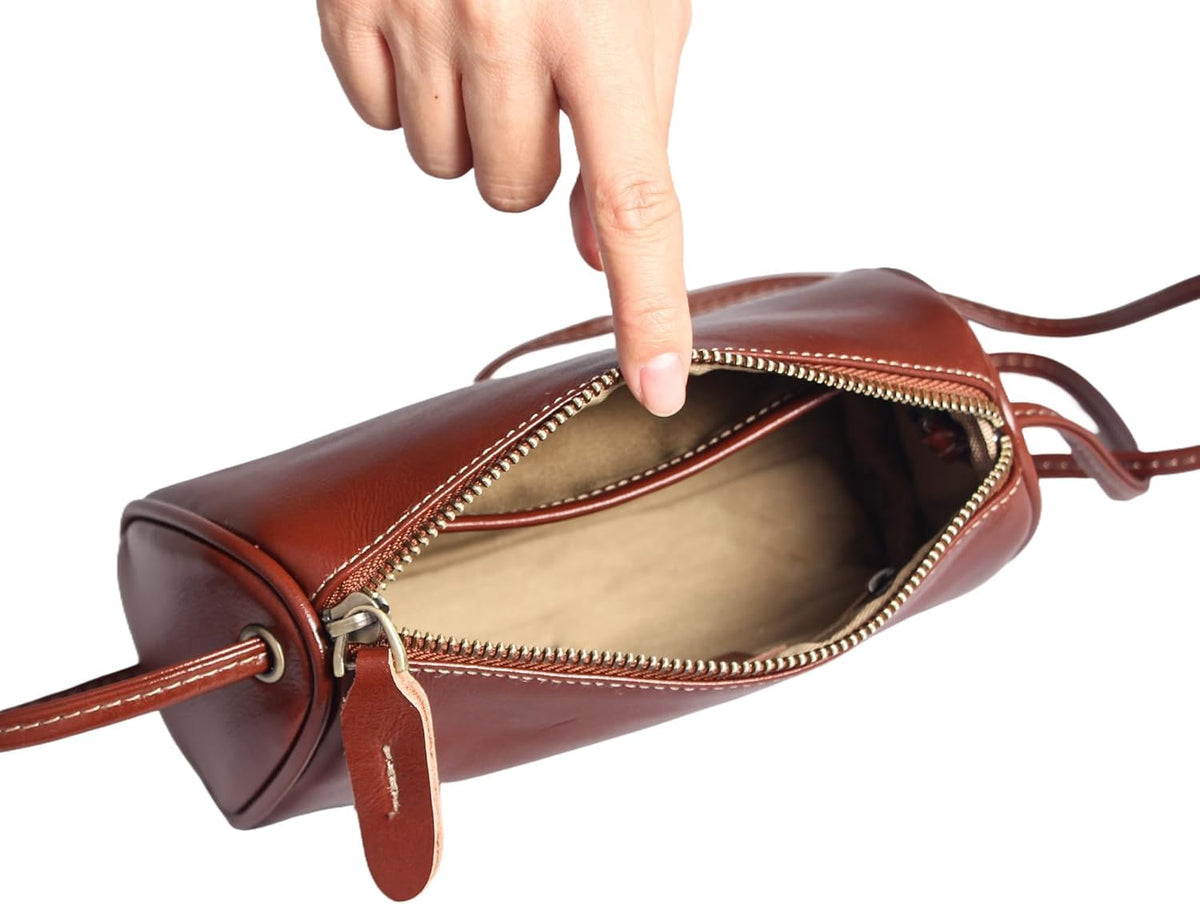 Coffee Leather Crossbody Bag interior featuring a neat lined compartmen