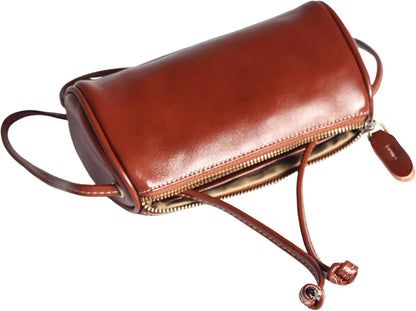 Coffee Leather Crossbody Bag featuring a sleek barrel silhouette and minimalist style for daily essentials