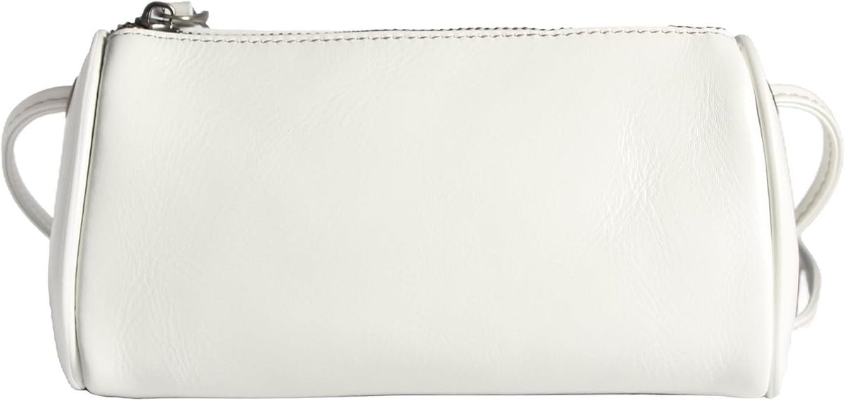 Crossbody Bag detail view showcasing its clean finish, quality texture, and compact barrel silhouette