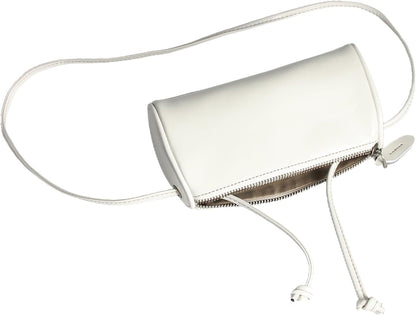 White Leather Crossbody Bag featuring a sleek barrel silhouette and minimalist style for everyday essentials