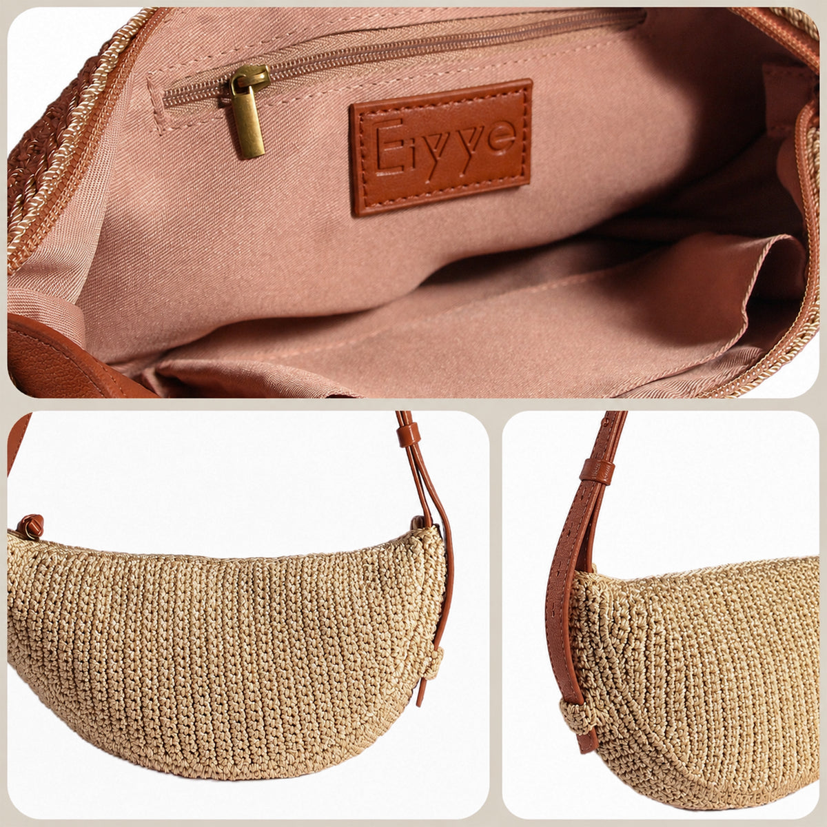 Eiyye Crossbody Bag interior and exterior detail featuring a zippered pocket and refined woven design