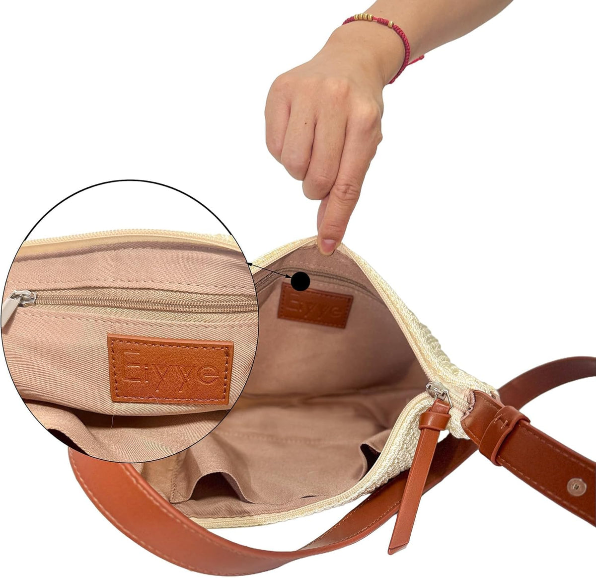 Eiyye Light Yellow Crossbody Bag inside detail featuring a functional zip pocket and open storage compartment