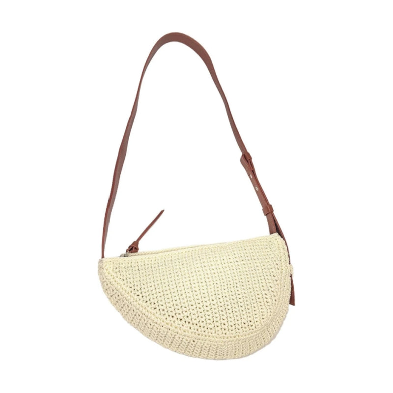 Eiyye Light Yellow Crossbody Bag featuring a chic crescent silhouette, fine crochet texture, and adjustable strap design
