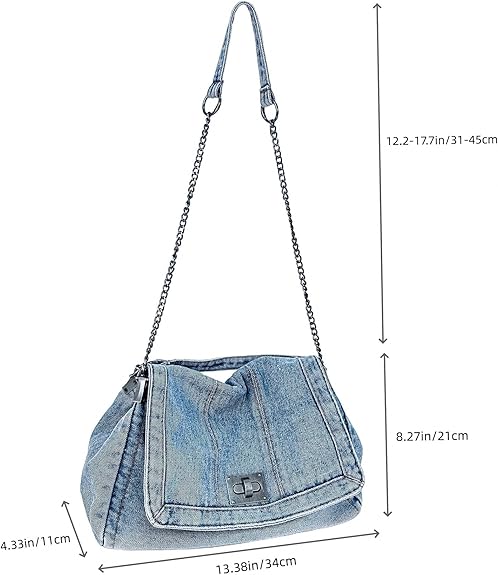Eiyye Blue Denim Purse Displaying Full Dimensions for Accurate Size Reference