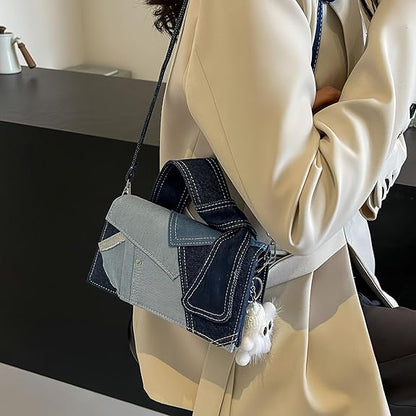 Eiyye Blue Denim Purse Styled on Body with Retro Patchwork Design for Trendy Y2K Looks