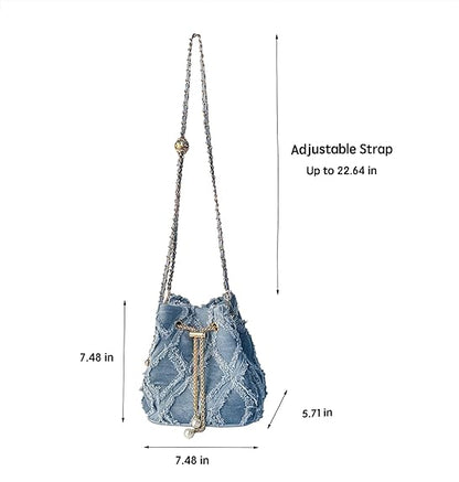 Eiyye Blue Denim Shoulder Bag Displaying Full Dimensions for Accurate Size Reference